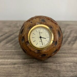 Vintage Sasaki Quartz Desk Clock in Banksia Seed Pod Wood Turned Sphere Ball